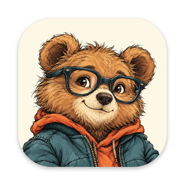The Theo Notes app icon: a friendly bear in round glasses, wearing a teal jacket over an orange hoodie